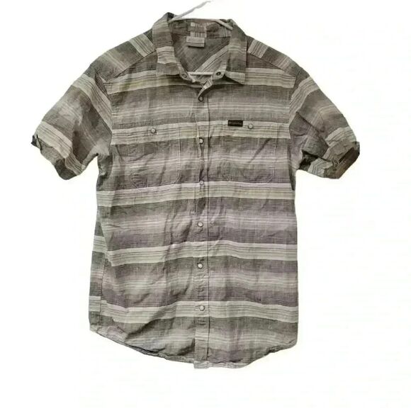 Columbia Men's Gray/White/Lime Green Striped Cotton Button Down Shirt - Picture 1 of 7